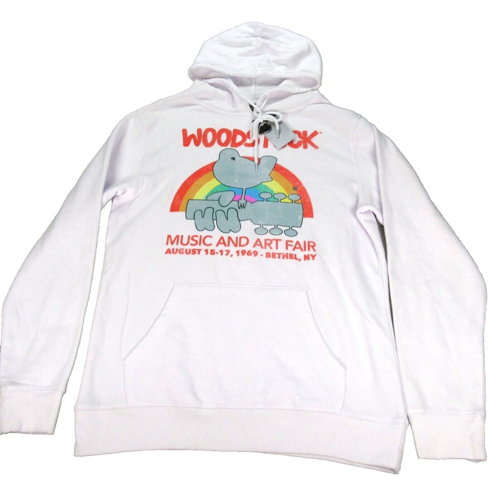 Woodstock Hoodie Men Medium White Graphic Pocket Sweatshirt Music Bethel NY NWD